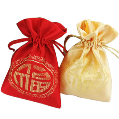 China red and gold thick Satin drawstring bag