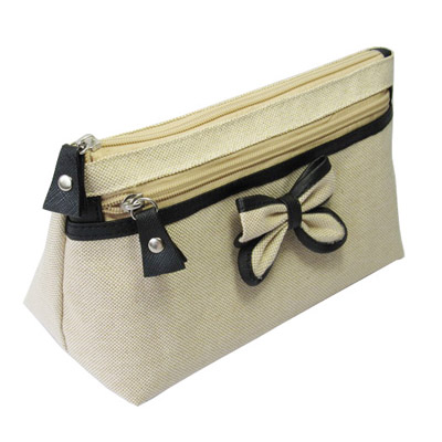 Canvas two zippers make up bag with nice ribbon