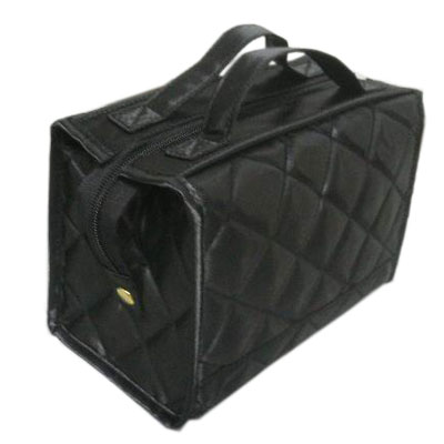 black quilted satin cosmetic bag